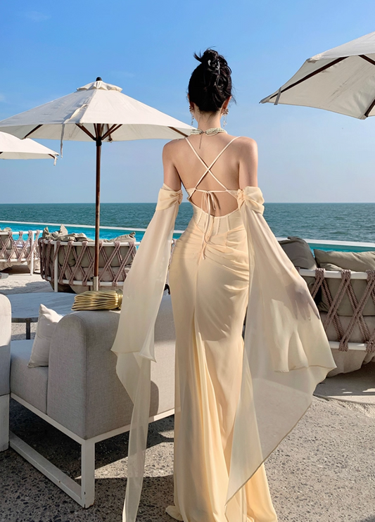 Ornate Spaghetti Strap Evening Mermaid Maxi Dress Ethereal Draped Tulle Crisscross Bind Long Dress AP3458