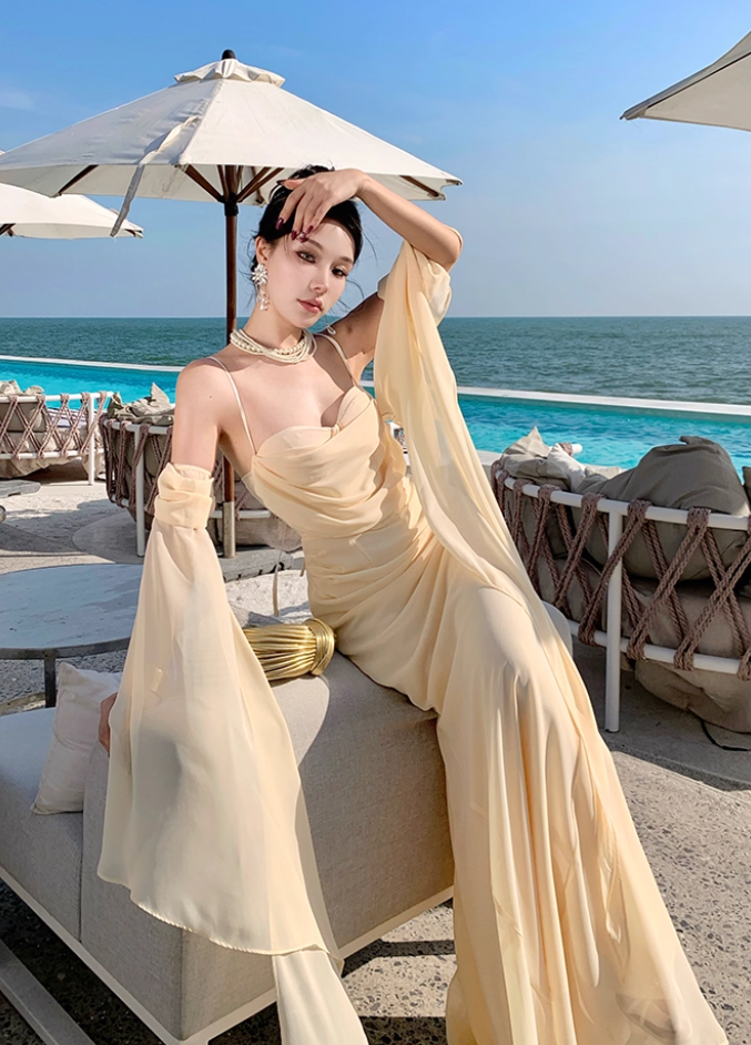 Ornate Spaghetti Strap Evening Mermaid Maxi Dress Ethereal Draped Tulle Crisscross Bind Long Dress AP3458