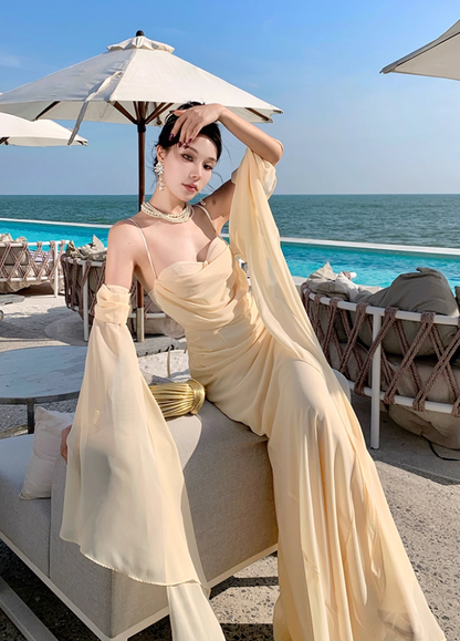 Ornate Spaghetti Strap Evening Mermaid Maxi Dress Ethereal Draped Tulle Crisscross Bind Long Dress AP3458