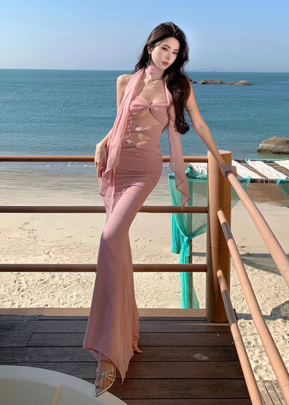 Romantic Asymmetric Hem Strapless Evening Maxi Dresses Cute Mermaid Pink Ruched Cutout Long Dress AP3459