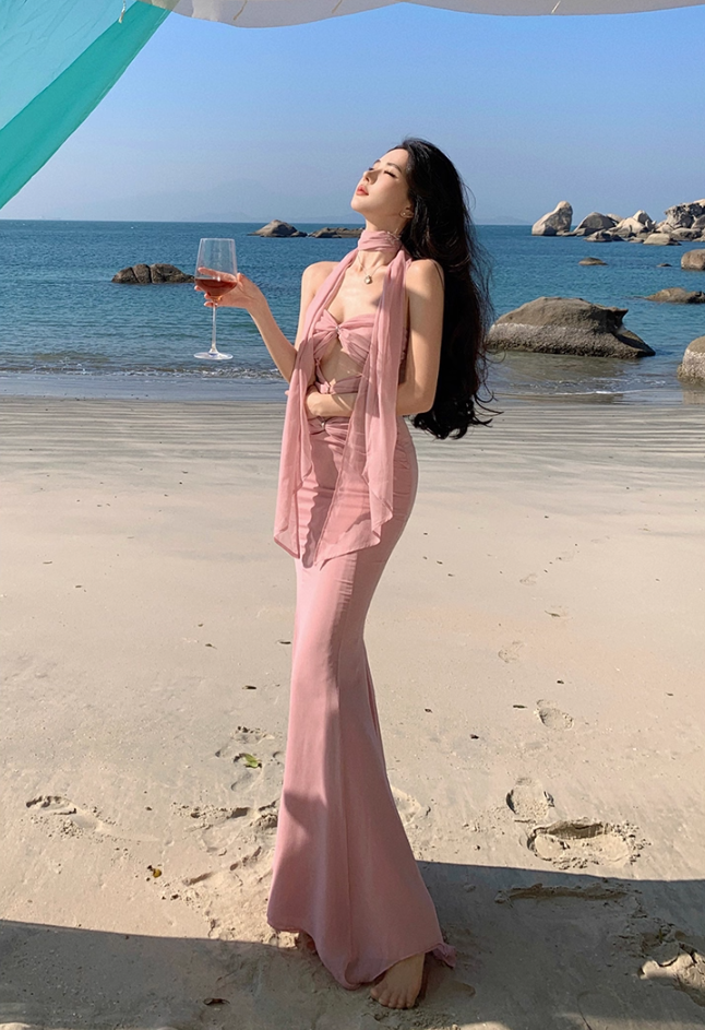 Romantic Asymmetric Hem Strapless Evening Maxi Dresses Cute Mermaid Pink Ruched Cutout Long Dress AP3459