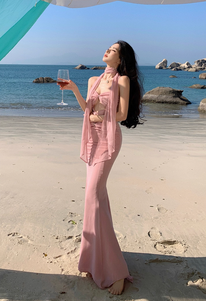 Romantic Asymmetric Hem Strapless Evening Maxi Dresses Cute Mermaid Pink Ruched Cutout Long Dress AP3459