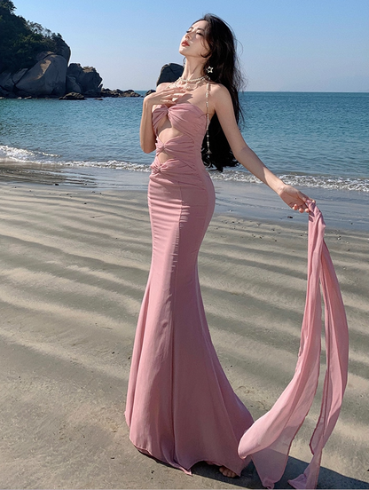 Romantic Asymmetric Hem Strapless Evening Maxi Dresses Cute Mermaid Pink Ruched Cutout Long Dress AP3459