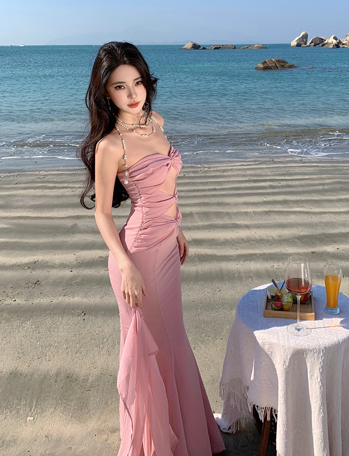 Romantic Asymmetric Hem Strapless Evening Maxi Dresses Cute Mermaid Pink Ruched Cutout Long Dress AP3459