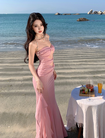 Romantic Asymmetric Hem Strapless Evening Maxi Dresses Cute Mermaid Pink Ruched Cutout Long Dress AP3459