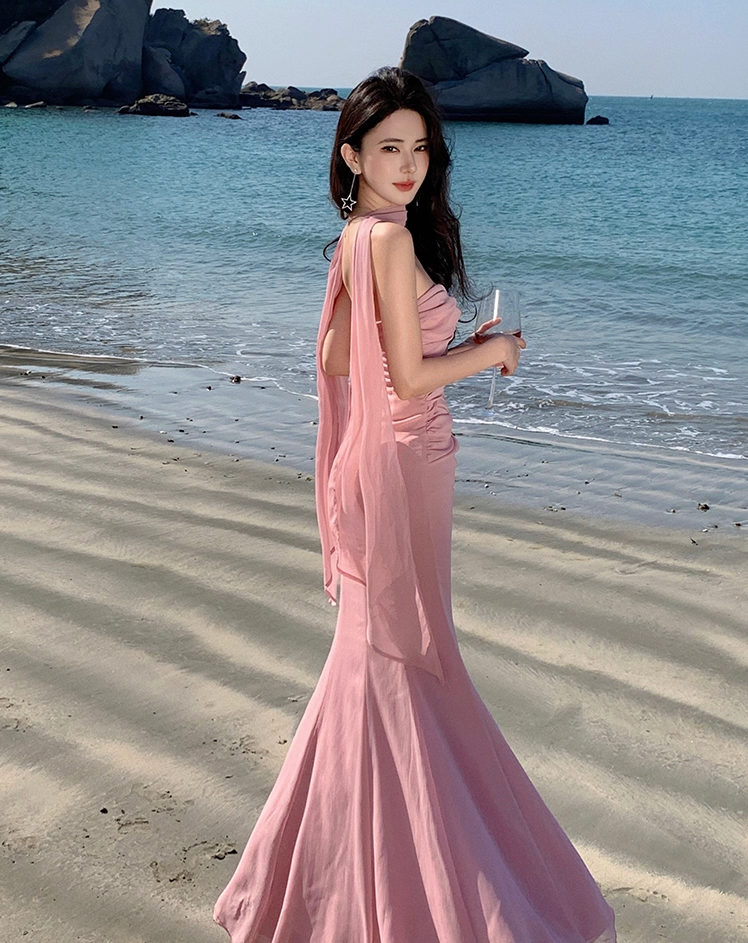 Romantic Asymmetric Hem Strapless Evening Maxi Dresses Cute Mermaid Pink Ruched Cutout Long Dress AP3459