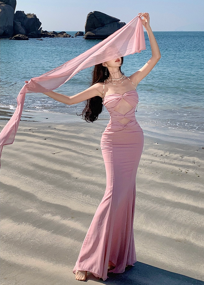 Romantic Asymmetric Hem Strapless Evening Maxi Dresses Cute Mermaid Pink Ruched Cutout Long Dress AP3459