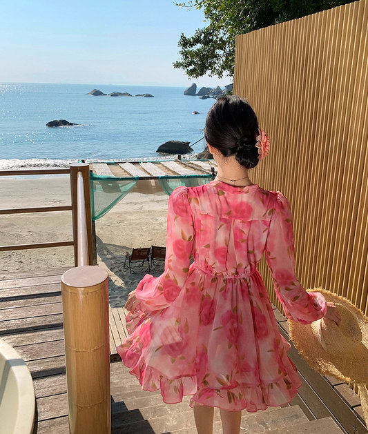 Enticing A-Line V Neck Vacays Outfit Mini Skirt Vibrant Long Sleeve Floral Print Cinched-Waist Short Dress AP3460