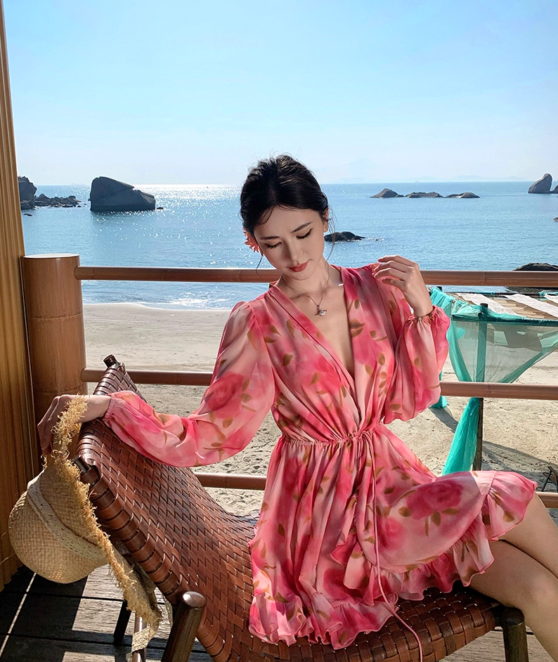 Enticing A-Line V Neck Vacays Outfit Mini Skirt Vibrant Long Sleeve Floral Print Cinched-Waist Short Dress AP3460