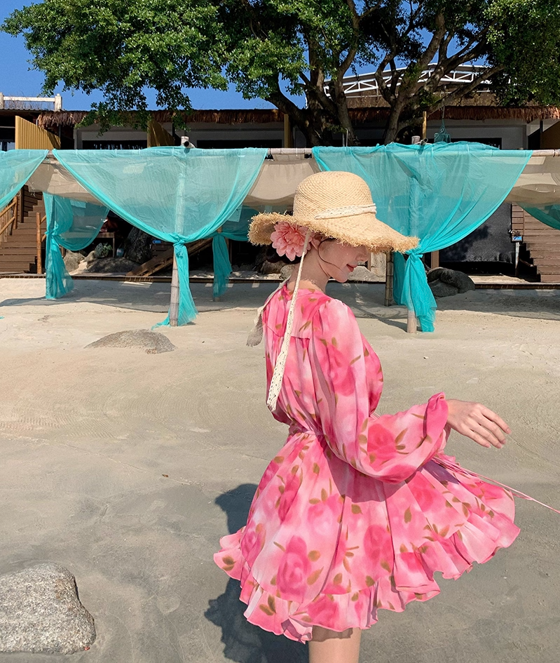 Enticing A-Line V Neck Vacays Outfit Mini Skirt Vibrant Long Sleeve Floral Print Cinched-Waist Short Dress AP3460