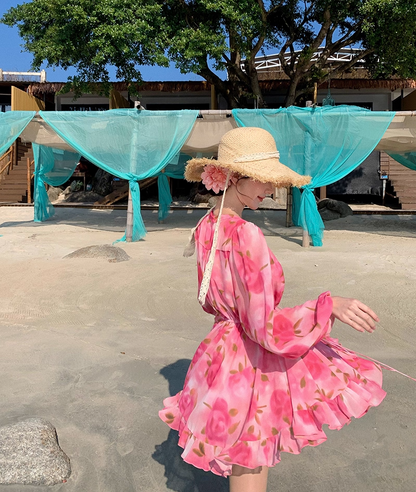 Enticing A-Line V Neck Vacays Outfit Mini Skirt Vibrant Long Sleeve Floral Print Cinched-Waist Short Dress AP3460