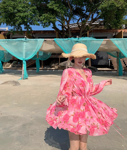 Enticing A-Line V Neck Vacays Outfit Mini Skirt Vibrant Long Sleeve Floral Print Cinched-Waist Short Dress AP3460