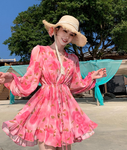 Enticing A-Line V Neck Vacays Outfit Mini Skirt Vibrant Long Sleeve Floral Print Cinched-Waist Short Dress AP3460