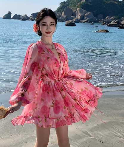 Enticing A-Line V Neck Vacays Outfit Mini Skirt Vibrant Long Sleeve Floral Print Cinched-Waist Short Dress AP3460