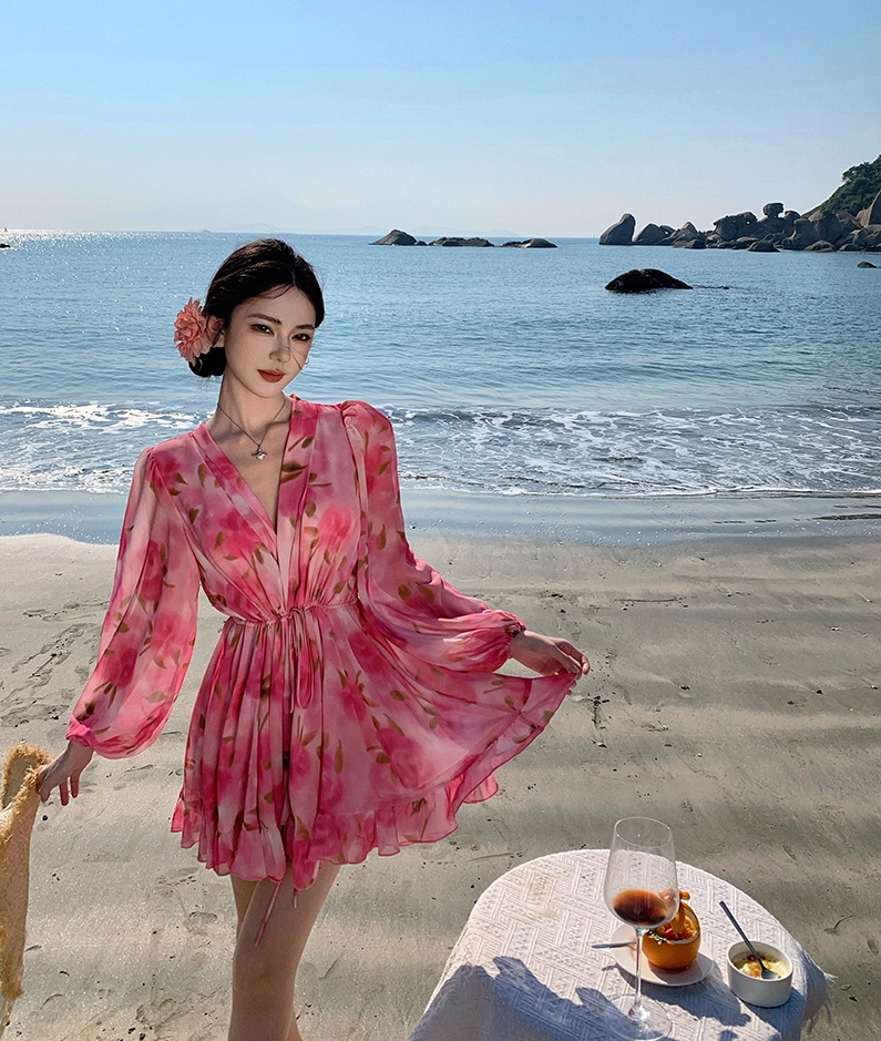 Enticing A-Line V Neck Vacays Outfit Mini Skirt Vibrant Long Sleeve Floral Print Cinched-Waist Short Dress AP3460