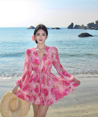 Enticing A-Line V Neck Vacays Outfit Mini Skirt Vibrant Long Sleeve Floral Print Cinched-Waist Short Dress AP3460