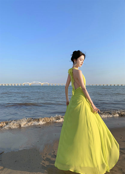 Splendid A-Line V-Neck Cinched-Waist Maxi Dress Vogue Shoots Backless High-Slit Halter Long Dress AP3461