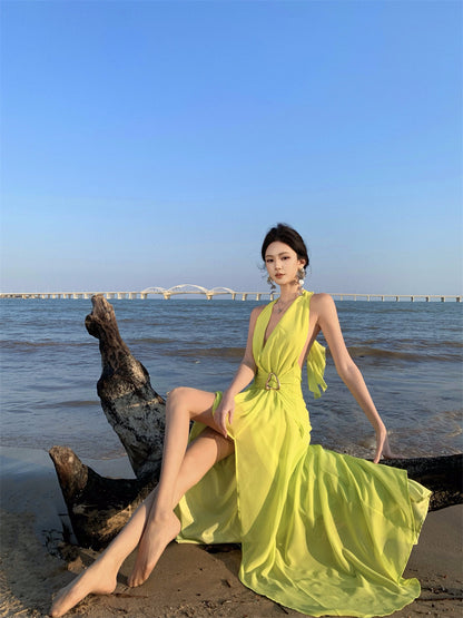 Splendid A-Line V-Neck Cinched-Waist Maxi Dress Vogue Shoots Backless High-Slit Halter Long Dress AP3461