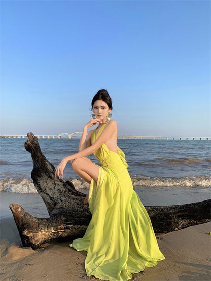 Splendid A-Line V-Neck Cinched-Waist Maxi Dress Vogue Shoots Backless High-Slit Halter Long Dress AP3461