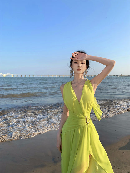 Splendid A-Line V-Neck Cinched-Waist Maxi Dress Vogue Shoots Backless High-Slit Halter Long Dress AP3461