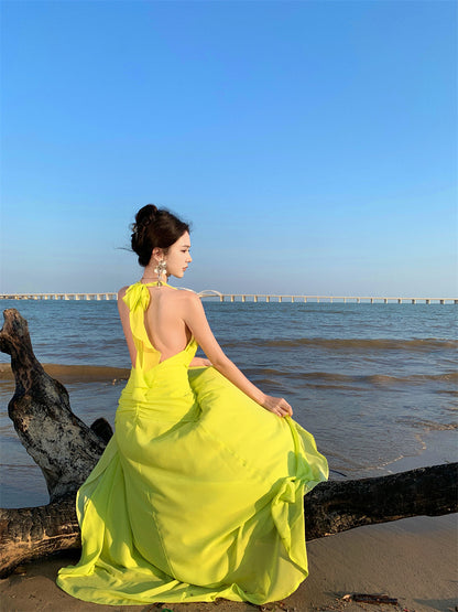 Splendid A-Line V-Neck Cinched-Waist Maxi Dress Vogue Shoots Backless High-Slit Halter Long Dress AP3461