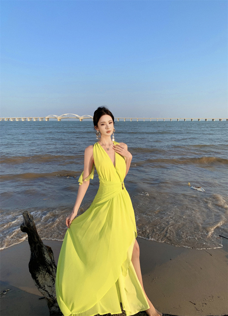 Splendid A-Line V-Neck Cinched-Waist Maxi Dress Vogue Shoots Backless High-Slit Halter Long Dress AP3461