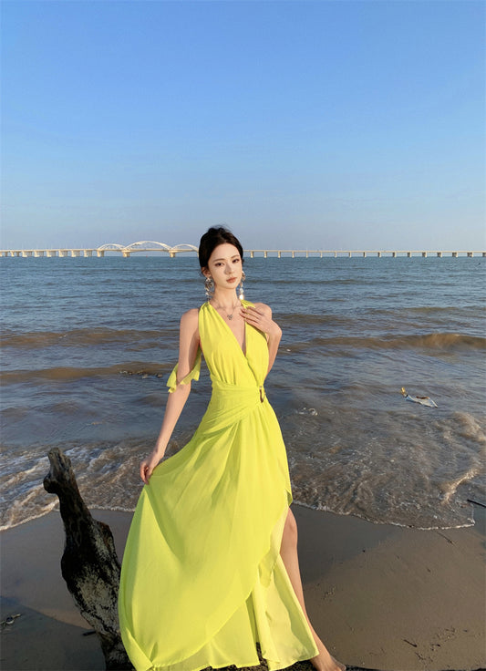 Splendid A-Line V-Neck Cinched-Waist Maxi Dress Vogue Shoots Backless High-Slit Halter Long Dress AP3461