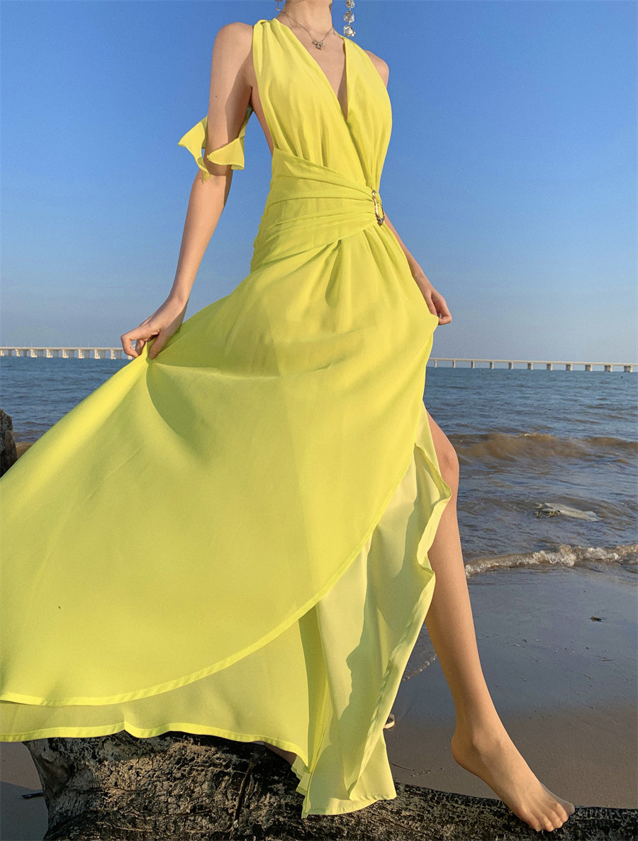 Splendid A-Line V-Neck Cinched-Waist Maxi Dress Vogue Shoots Backless High-Slit Halter Long Dress AP3461