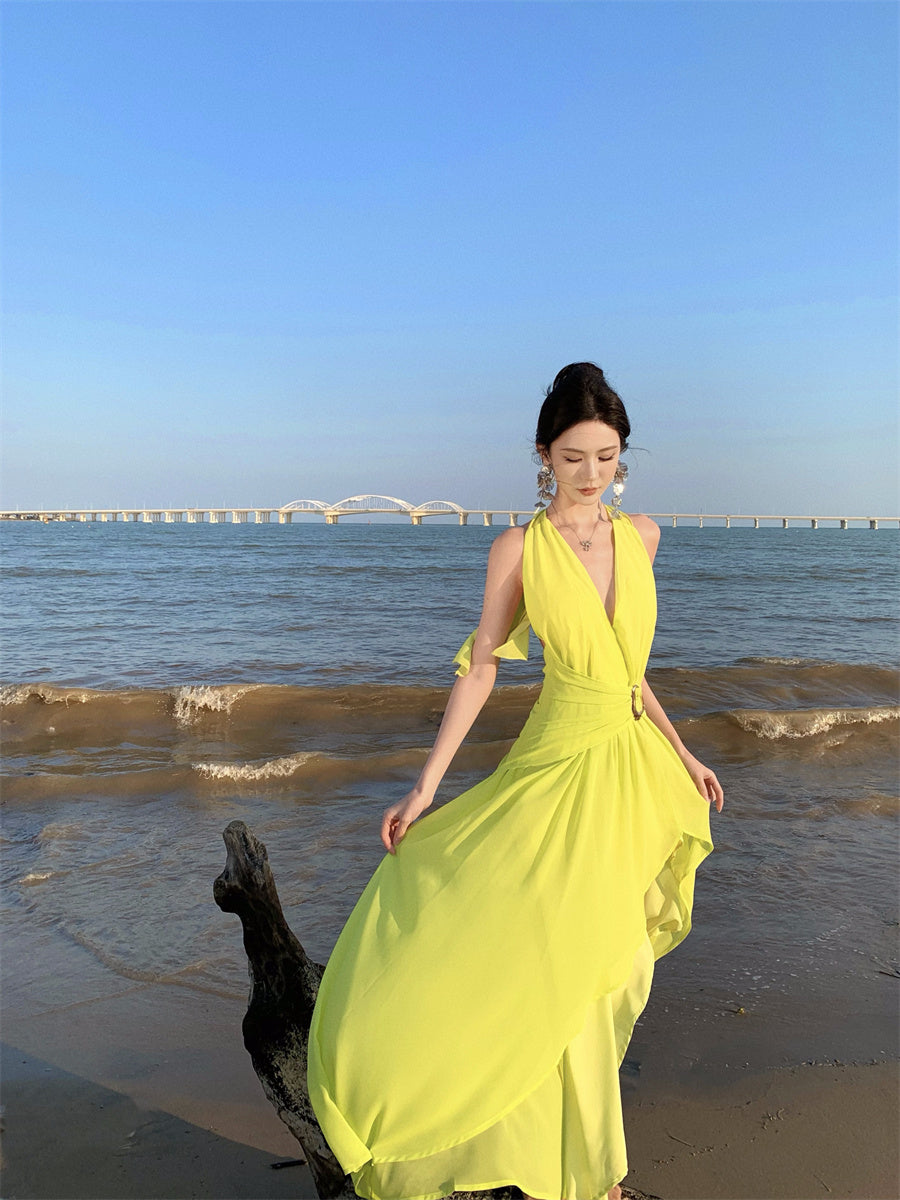 Splendid A-Line V-Neck Cinched-Waist Maxi Dress Vogue Shoots Backless High-Slit Halter Long Dress AP3461