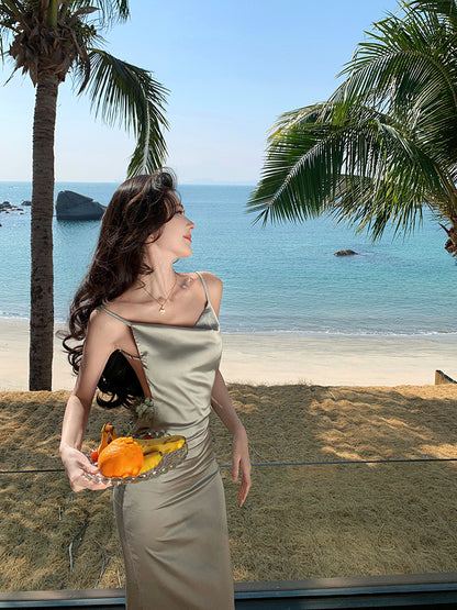 Fascinating Spaghetti Strap Backless Evening Maxi Dress Simple Sheath Ruched Neckline 3D Floral Long Dress AP3462