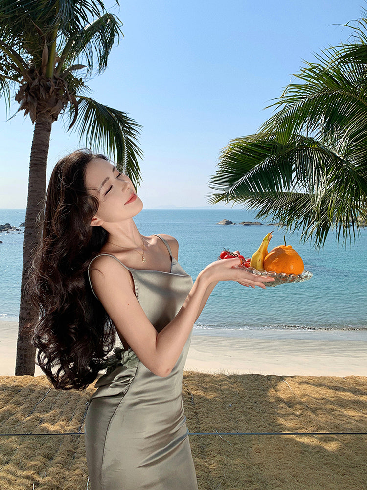 Fascinating Spaghetti Strap Backless Evening Maxi Dress Simple Sheath Ruched Neckline 3D Floral Long Dress AP3462