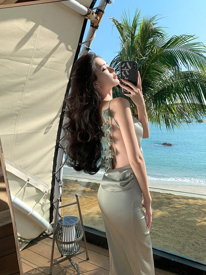 Fascinating Spaghetti Strap Backless Evening Maxi Dress Simple Sheath Ruched Neckline 3D Floral Long Dress AP3462