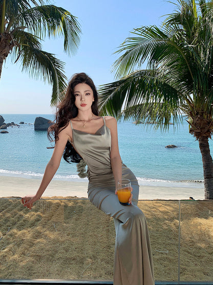 Fascinating Spaghetti Strap Backless Evening Maxi Dress Simple Sheath Ruched Neckline 3D Floral Long Dress AP3462