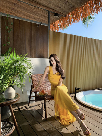 Appealing Ruched Asymmetric Neckline Spaghetti Strap Evening Maxi Dress Y2K Style Sheath Lining Yellow Layered Tulle Long Dress AP3463