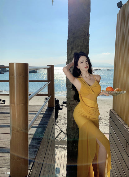 Appealing Ruched Asymmetric Neckline Spaghetti Strap Evening Maxi Dress Y2K Style Sheath Lining Yellow Layered Tulle Long Dress AP3463