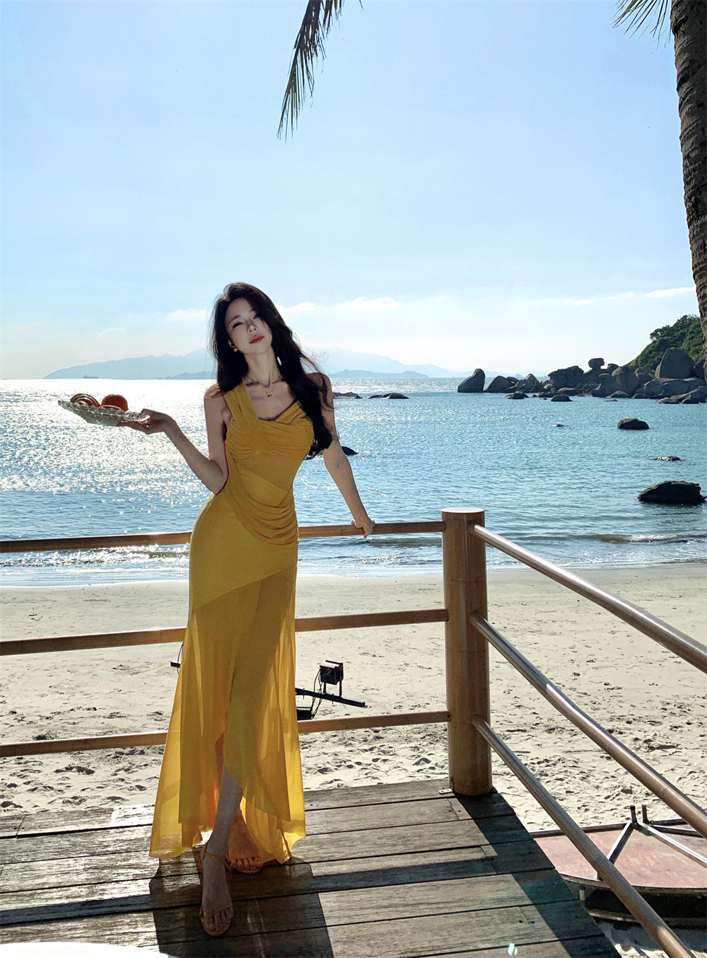 Appealing Ruched Asymmetric Neckline Spaghetti Strap Evening Maxi Dress Y2K Style Sheath Lining Yellow Layered Tulle Long Dress AP3463