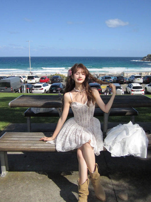 Amazing A-Line Spaghetti Strap Puffy Mini Skirt Dreamy Lace Tulle Cinched-Waist White Short Dress AP3464