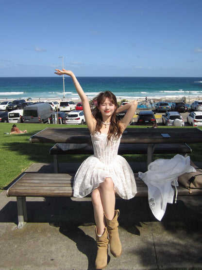 Amazing A-Line Spaghetti Strap Puffy Mini Skirt Dreamy Lace Tulle Cinched-Waist White Short Dress AP3464