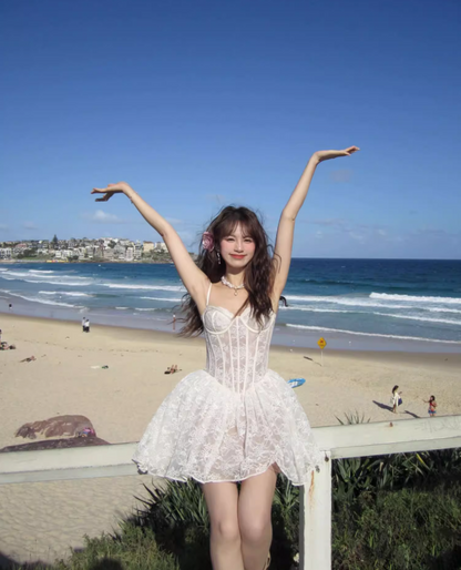 Amazing A-Line Spaghetti Strap Puffy Mini Skirt Dreamy Lace Tulle Cinched-Waist White Short Dress AP3464