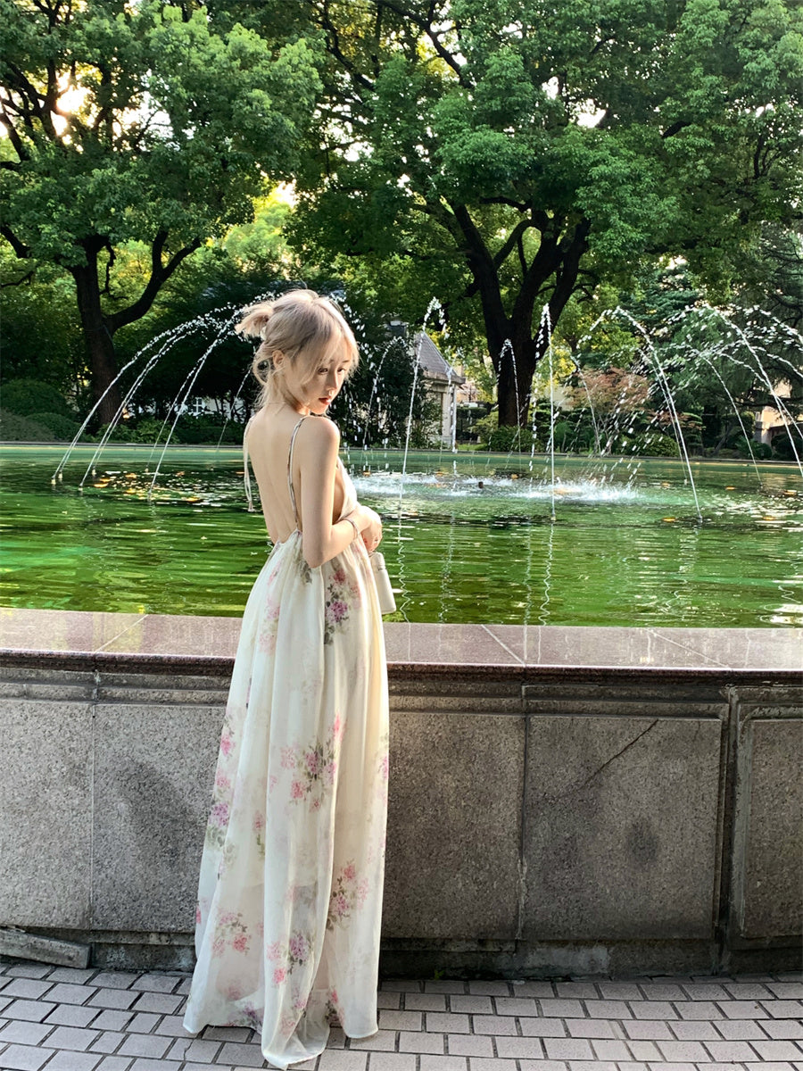 Wonderful Spaghetti Strap Everyday Wear Floral Print A-Line Maxi Dress Chic Backless Cinched-Waist Flowy Hem Long Dress AP3465
