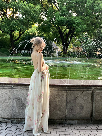 Wonderful Spaghetti Strap Everyday Wear Floral Print A-Line Maxi Dress Chic Backless Cinched-Waist Flowy Hem Long Dress AP3465