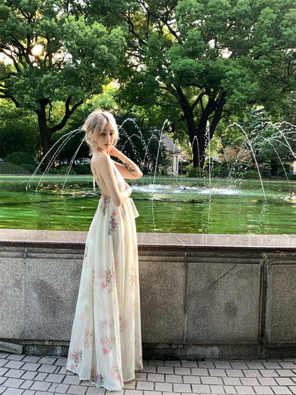 Wonderful Spaghetti Strap Everyday Wear Floral Print A-Line Maxi Dress Chic Backless Cinched-Waist Flowy Hem Long Dress AP3465