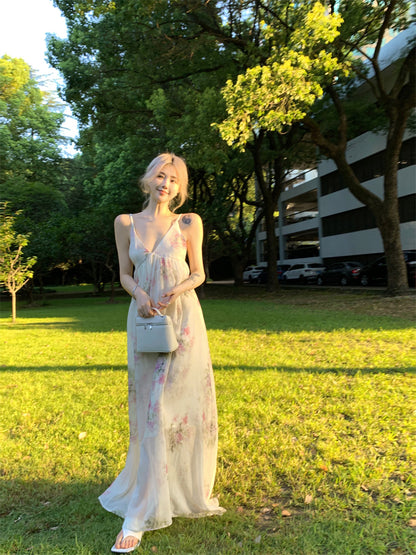 Wonderful Spaghetti Strap Everyday Wear Floral Print A-Line Maxi Dress Chic Backless Cinched-Waist Flowy Hem Long Dress AP3465