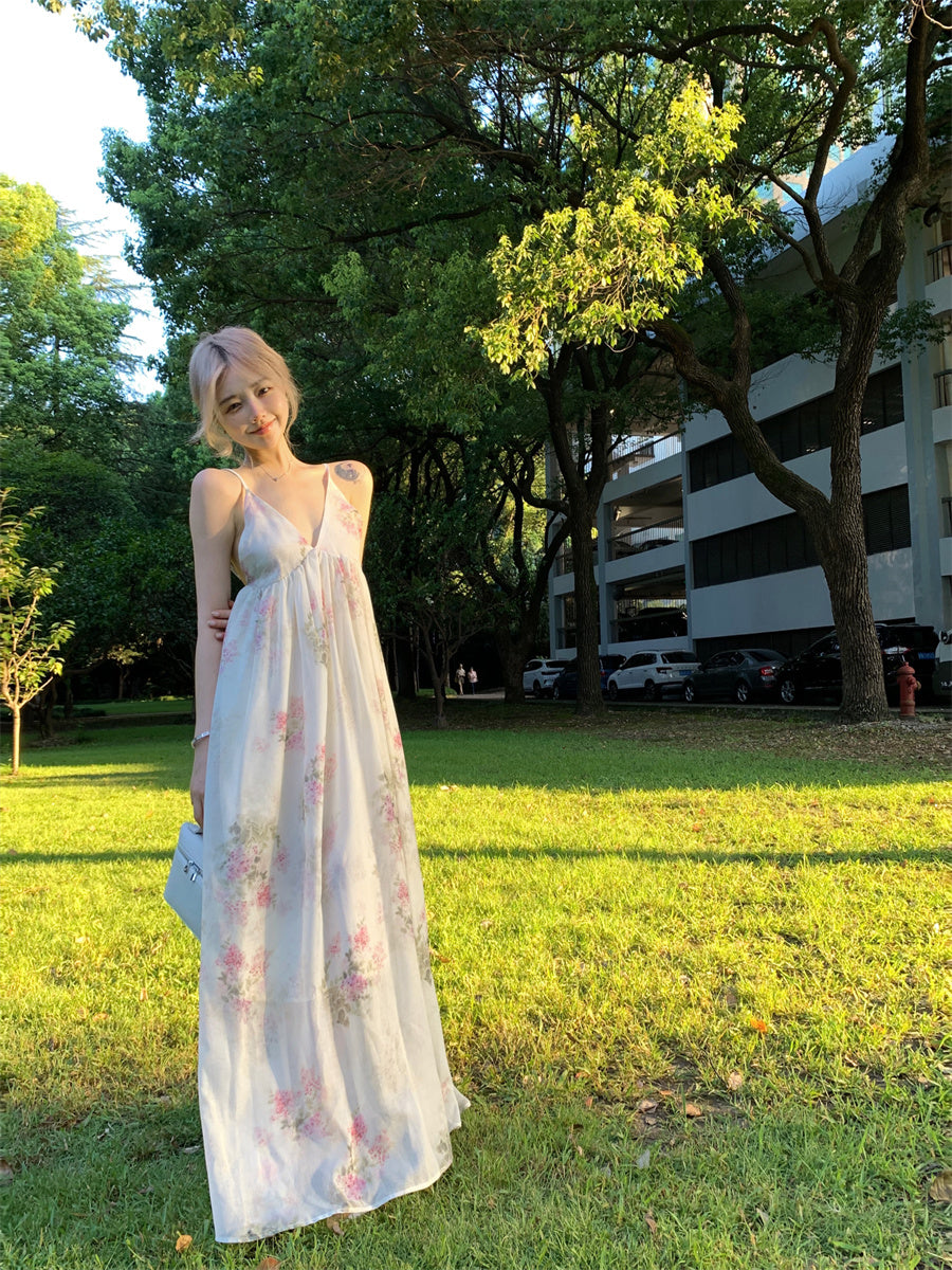 Wonderful Spaghetti Strap Everyday Wear Floral Print A-Line Maxi Dress Chic Backless Cinched-Waist Flowy Hem Long Dress AP3465