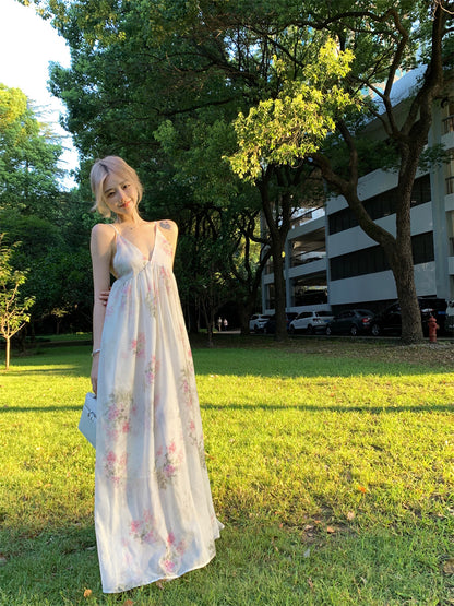 Wonderful Spaghetti Strap Everyday Wear Floral Print A-Line Maxi Dress Chic Backless Cinched-Waist Flowy Hem Long Dress AP3465