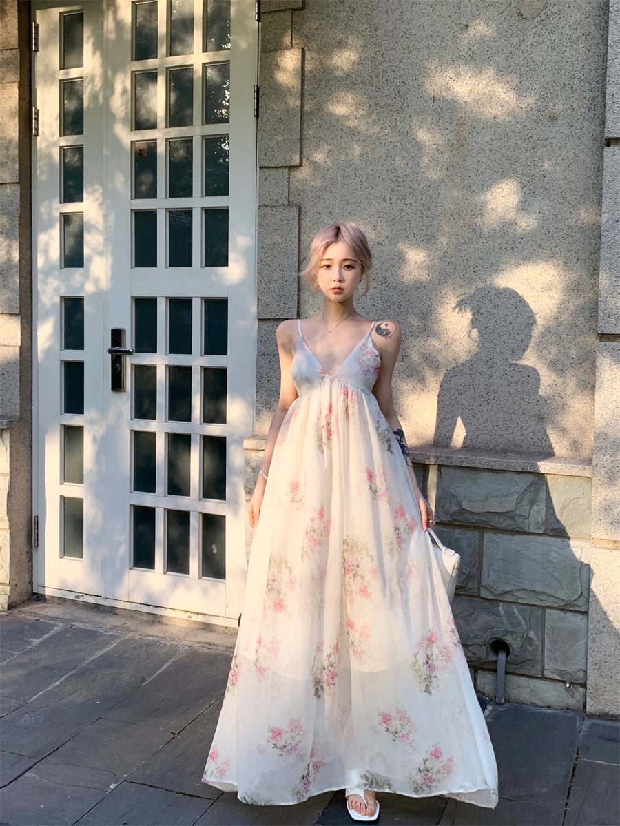 Wonderful Spaghetti Strap Everyday Wear Floral Print A-Line Maxi Dress Chic Backless Cinched-Waist Flowy Hem Long Dress AP3465