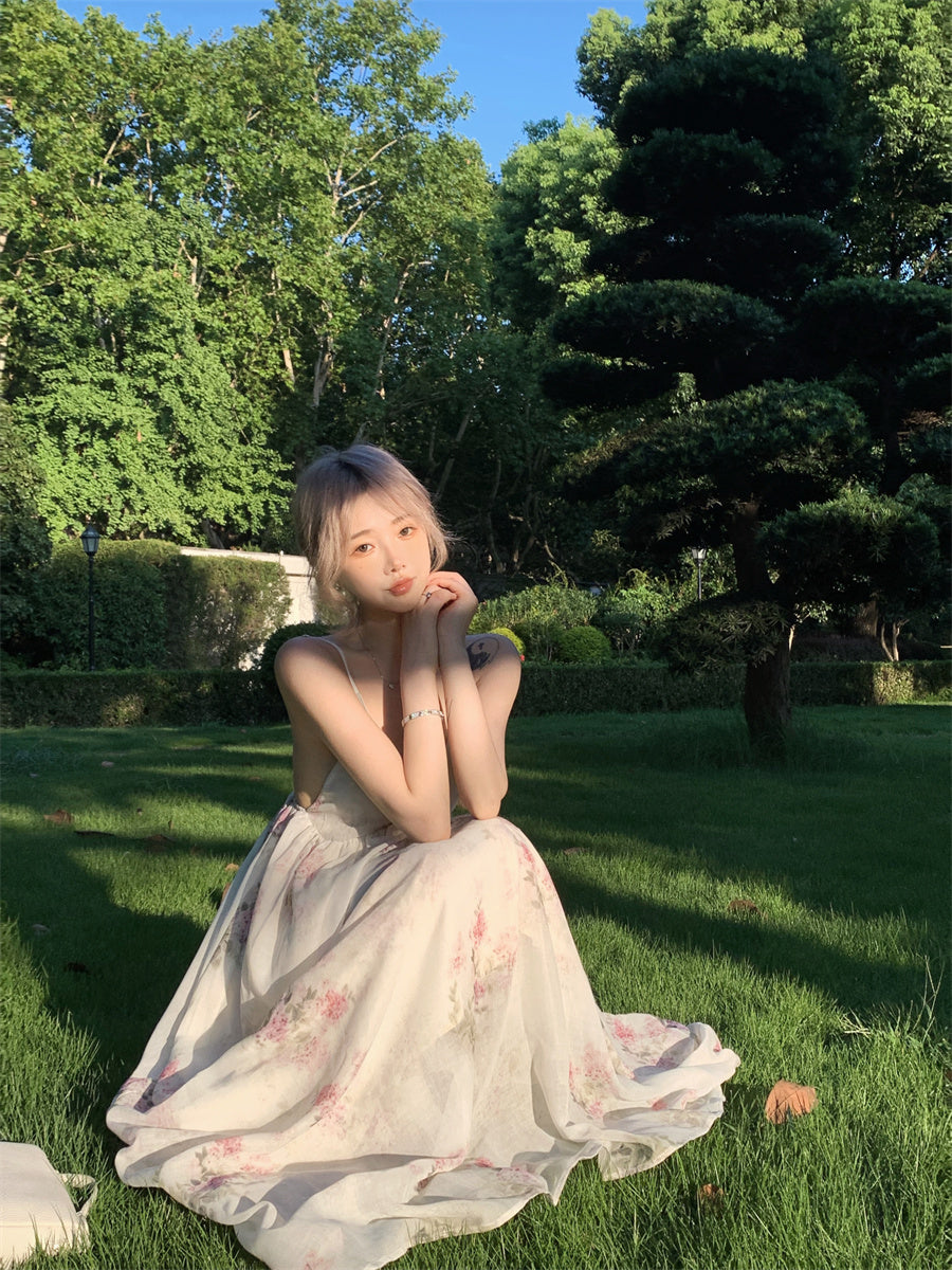 Wonderful Spaghetti Strap Everyday Wear Floral Print A-Line Maxi Dress Chic Backless Cinched-Waist Flowy Hem Long Dress AP3465