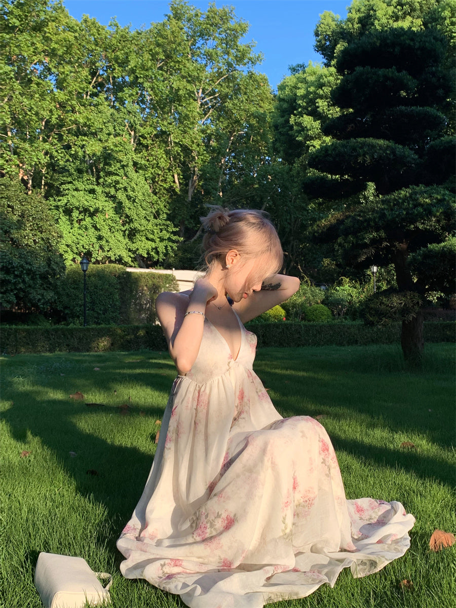 Wonderful Spaghetti Strap Everyday Wear Floral Print A-Line Maxi Dress Chic Backless Cinched-Waist Flowy Hem Long Dress AP3465