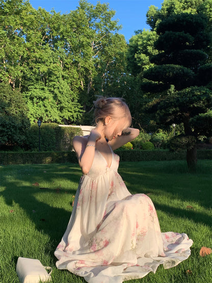 Wonderful Spaghetti Strap Everyday Wear Floral Print A-Line Maxi Dress Chic Backless Cinched-Waist Flowy Hem Long Dress AP3465