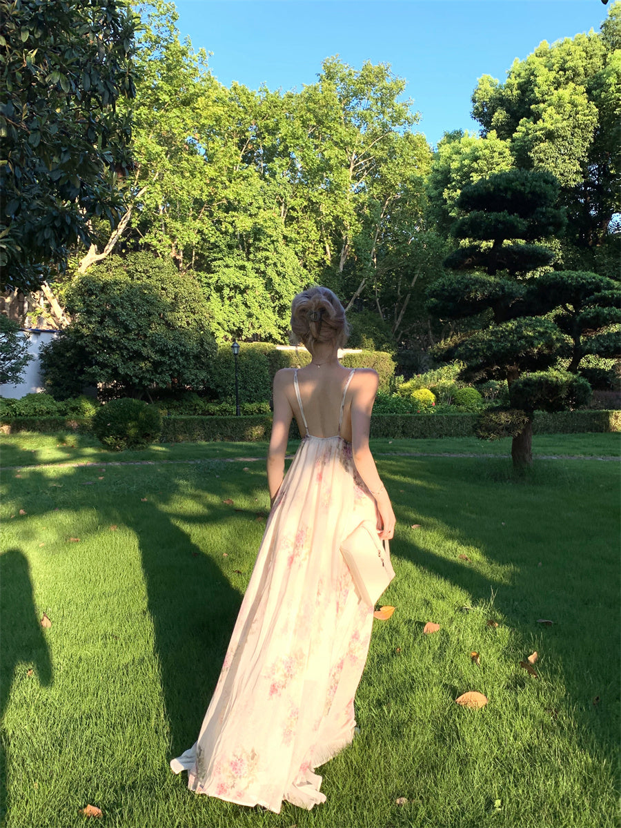 Wonderful Spaghetti Strap Everyday Wear Floral Print A-Line Maxi Dress Chic Backless Cinched-Waist Flowy Hem Long Dress AP3465